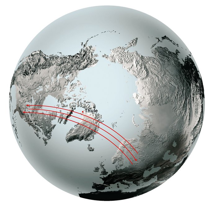 This slightly unfamiliar perspective on the northern hemisphere shows the importance of Greenland – and thus the Thule air base – for American security policy