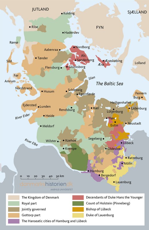 Map showing the internal borders in the duchies of Schleswig and Holstein in 1622