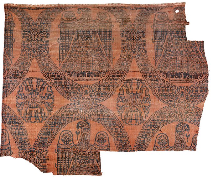 Purple-coloured byzantine silk cloth with eagle motifs