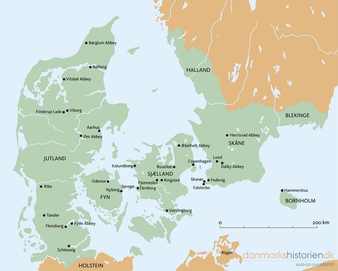 Map of the Danish kingdom in the Middle Ages