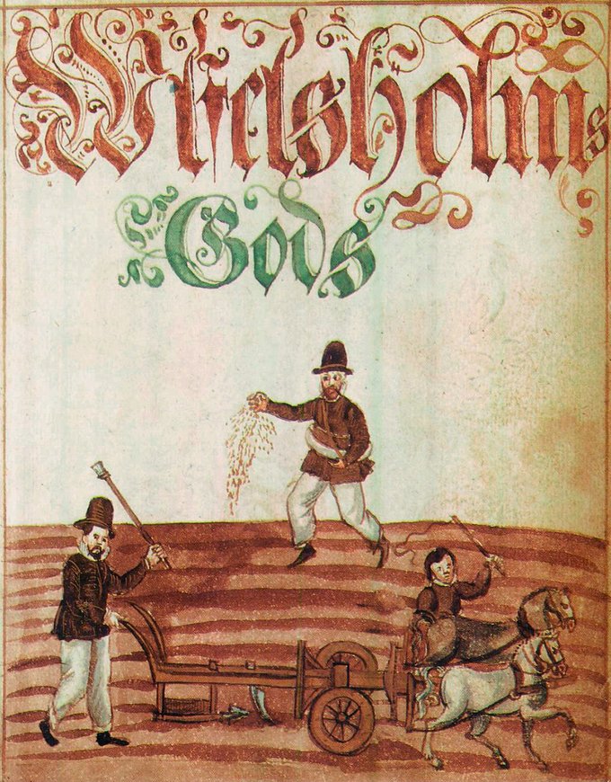 Peasants carrying out two of the most important agricultural tasks: ploughing and sowing